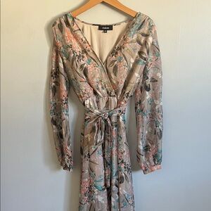 Aakaa Long Sleeve Floral Dress - Beige and Teal